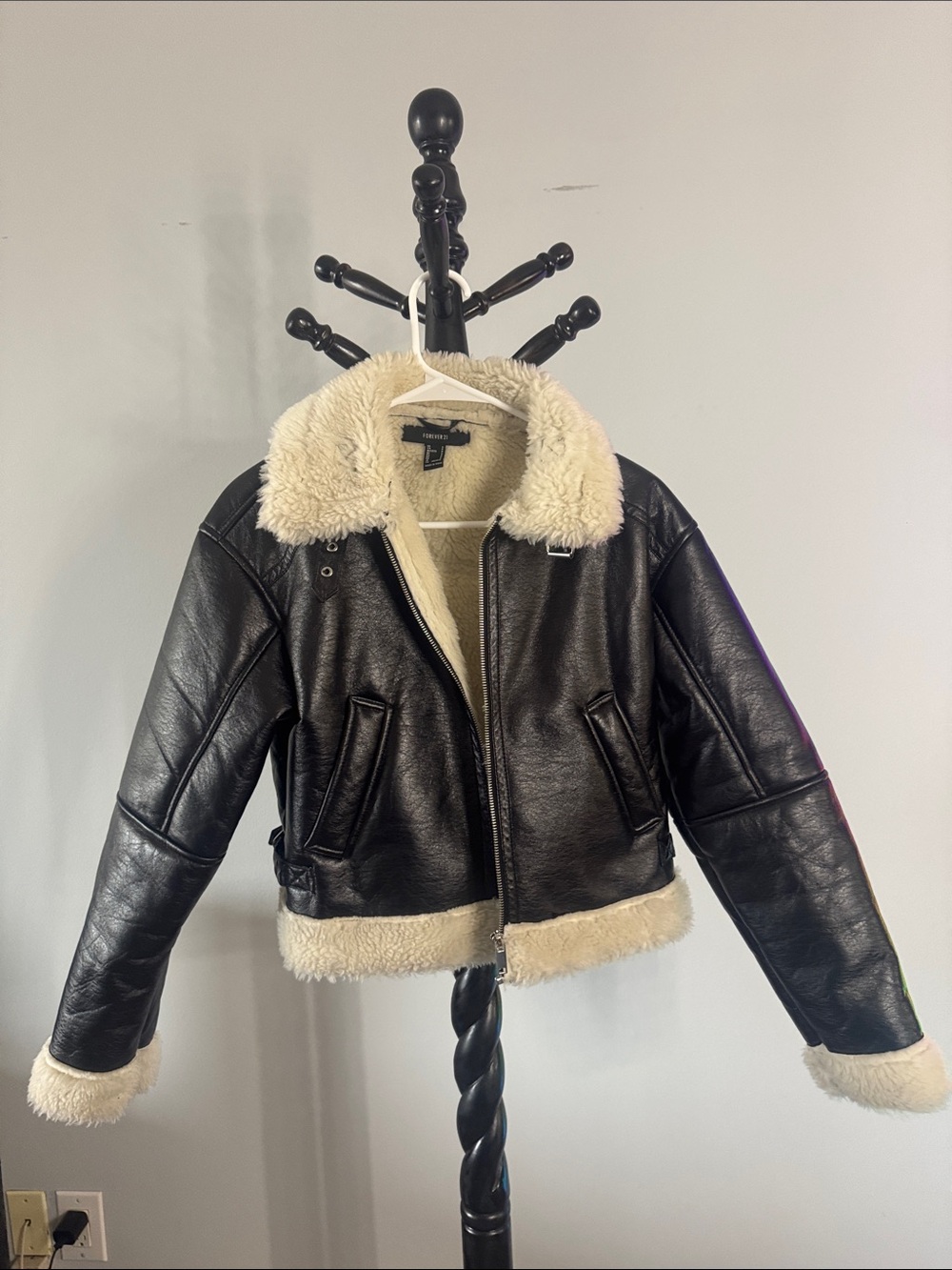 Forever 21 Black Faux Leather Jacket with Cream Sherpa